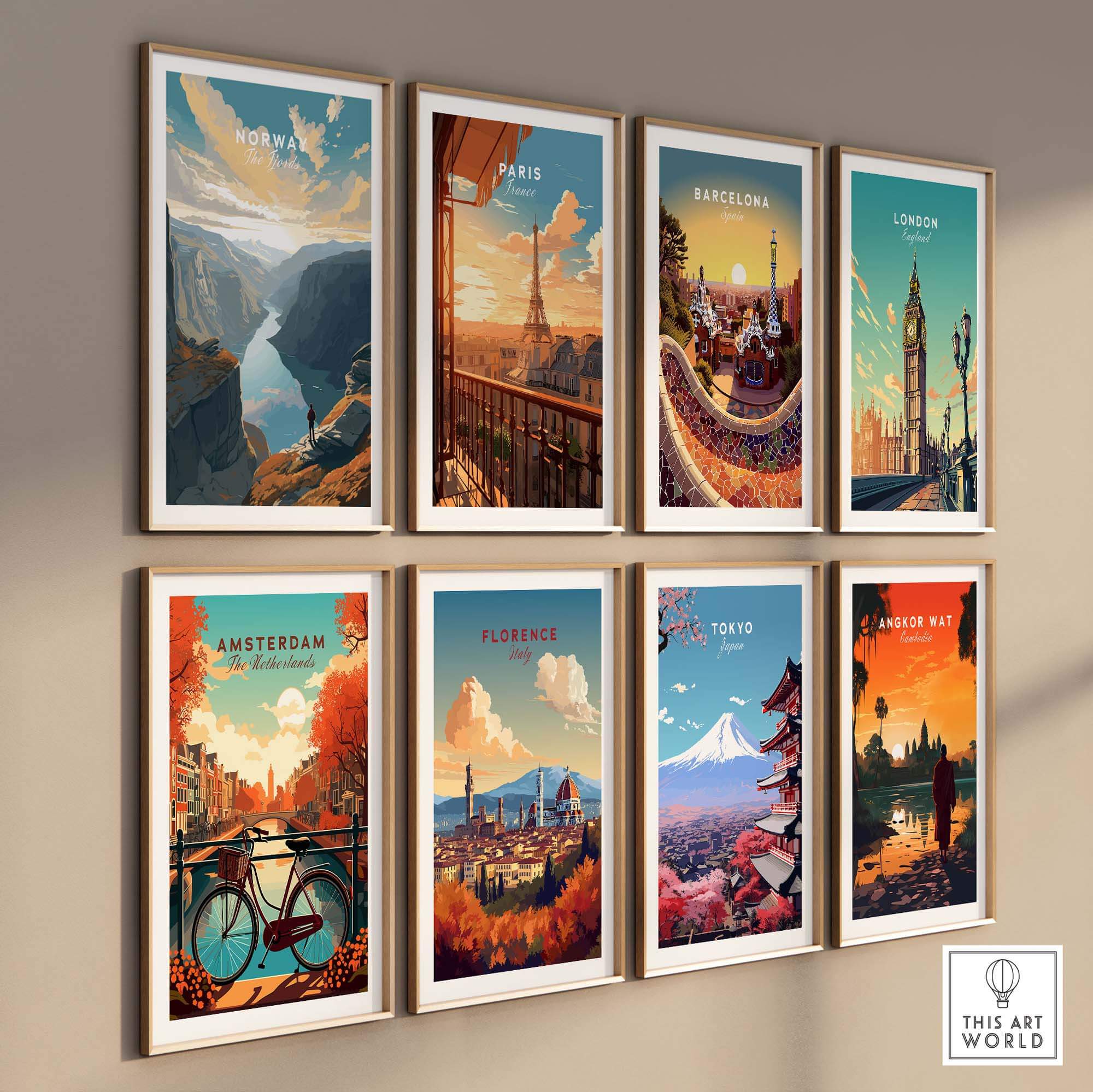 Gallery of iconic city wall art prints featuring Norway, Paris, Barcelona, London, Amsterdam, Florence, Tokyo, and Angkor Wat.