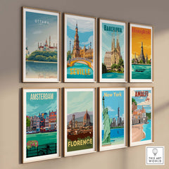 Gallery wall featuring travel posters of Ottawa, Barcelona, Bangkok, Seville, Amsterdam, Florence, New York, and Amalfi.