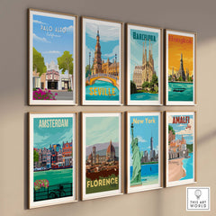 Palo Alto California travel poster print among other city art prints on a gallery wall, showcasing vibrant designs.