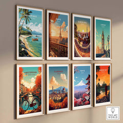 Gallery wall featuring vibrant travel art prints of Philippines, Paris, Barcelona, London, Amsterdam, Florence, Tokyo, and Angkor Wat.