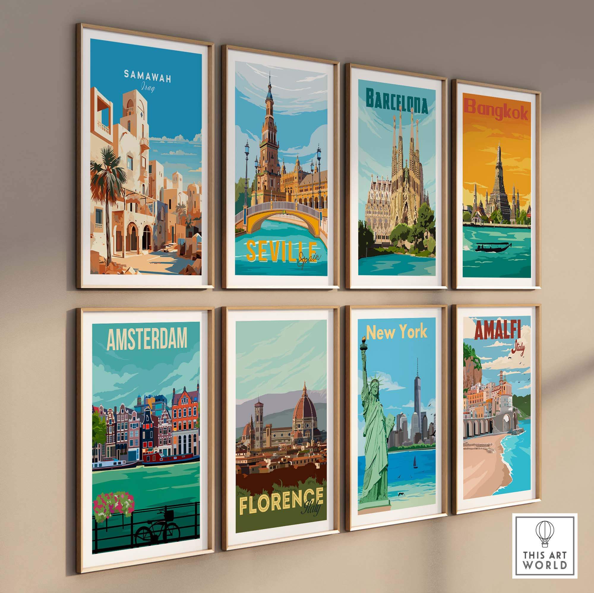 Gallery wall featuring travel poster prints including Samawah, Seville, Barcelona, Bangkok, and more.