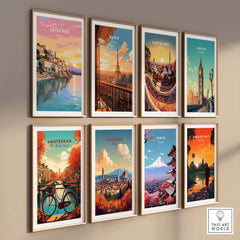 Collection of vibrant travel poster prints featuring Skiathos, Paris, Barcelona, London, Amsterdam, Florence, Tokyo, and Angkor Wat.