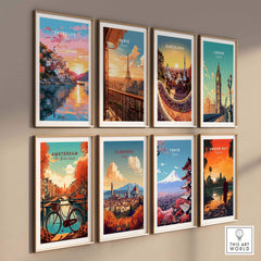 Gallery wall featuring travel poster prints of Skopelos, Paris, Barcelona, London, Amsterdam, Florence, Tokyo, and Angkor Wat.