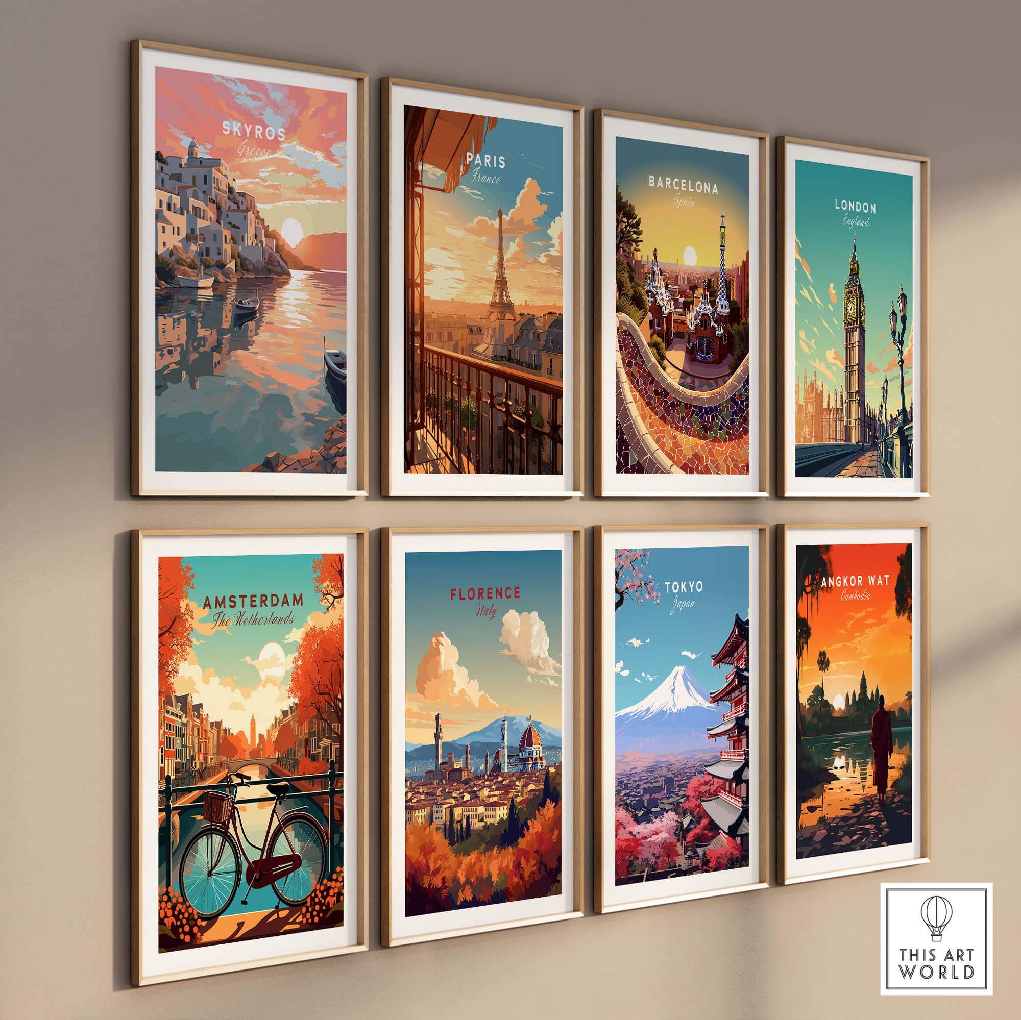 Gallery of vibrant travel poster prints featuring Skyros, Paris, Barcelona, London, Amsterdam, Florence, Tokyo, and Angkor Wat.