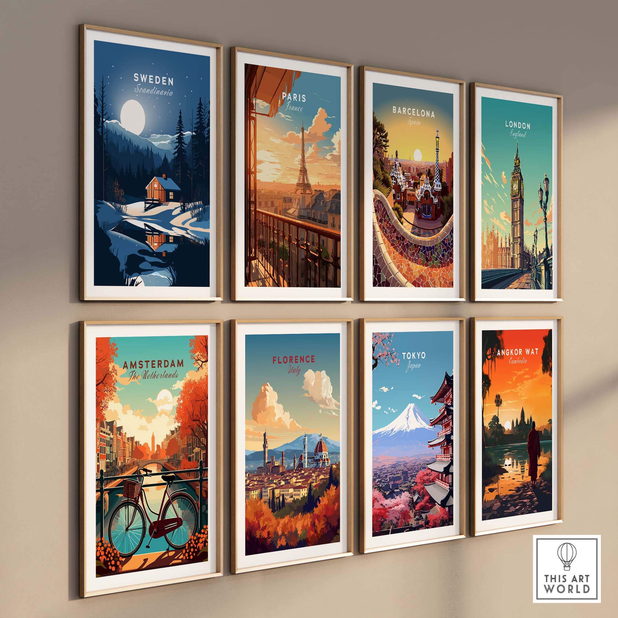 Gallery wall display of framed city art prints including Sweden, Paris, Barcelona, London, and more.