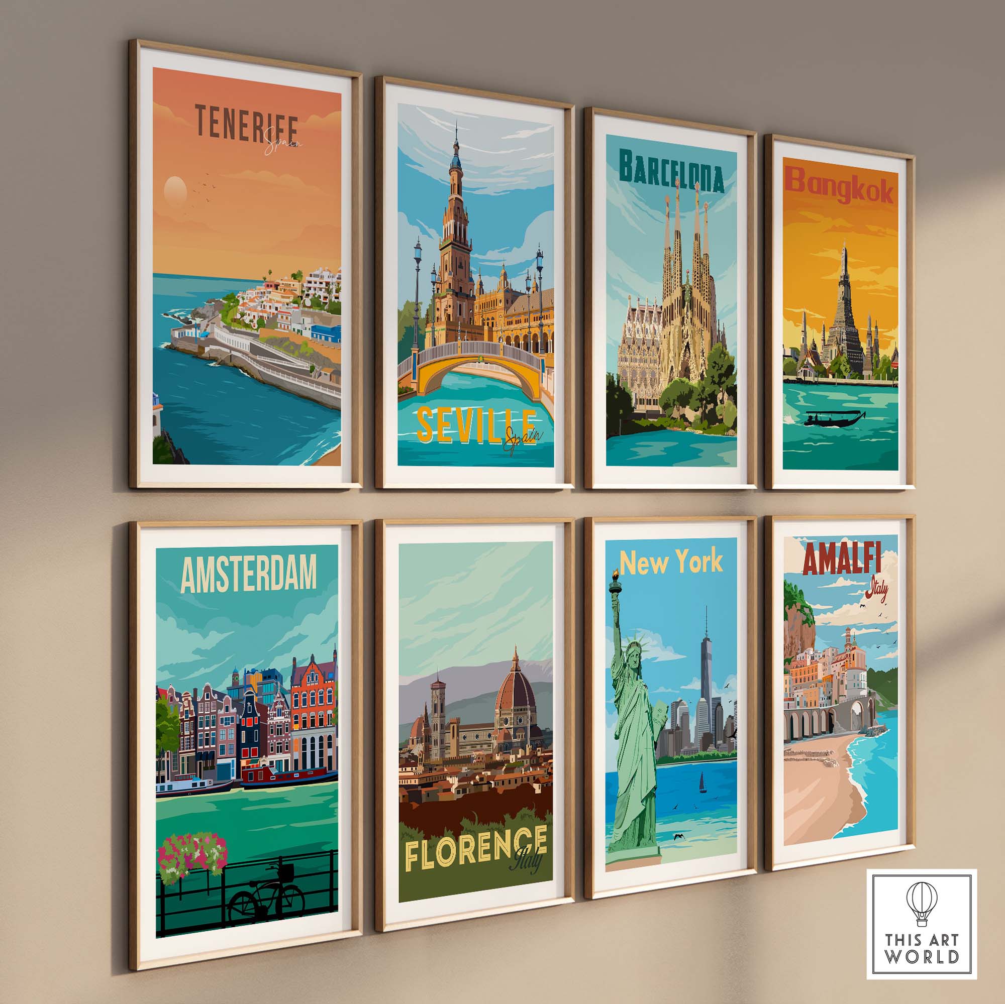 Collection of vibrant travel poster prints featuring Tenerife, Barcelona, Bangkok, Seville, Amsterdam, Florence, New York, and Amalfi.