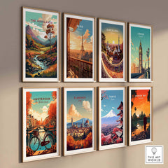 Colorful wall art collection featuring cityscapes of The Highlands, Paris, Barcelona, London, Amsterdam, Florence, Tokyo, and Angkor Wat.