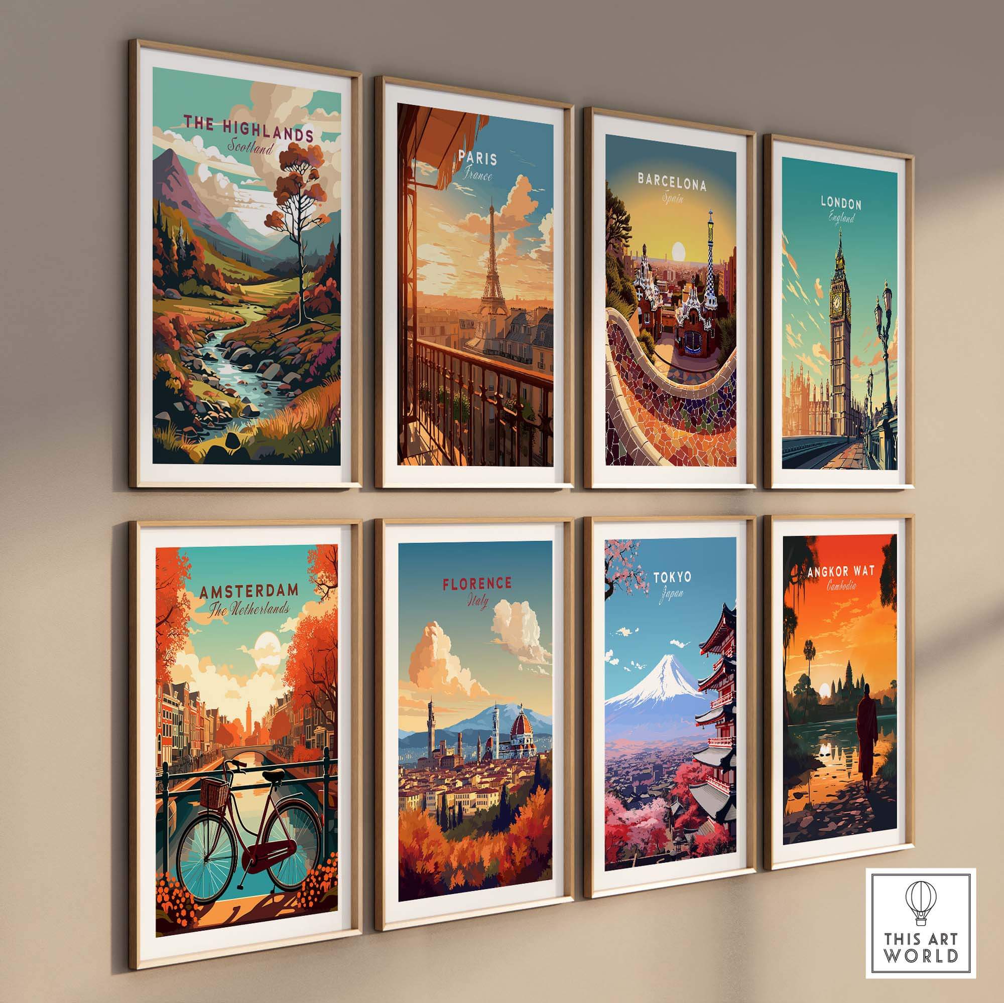 Colorful wall art collection featuring cityscapes of The Highlands, Paris, Barcelona, London, Amsterdam, Florence, Tokyo, and Angkor Wat.