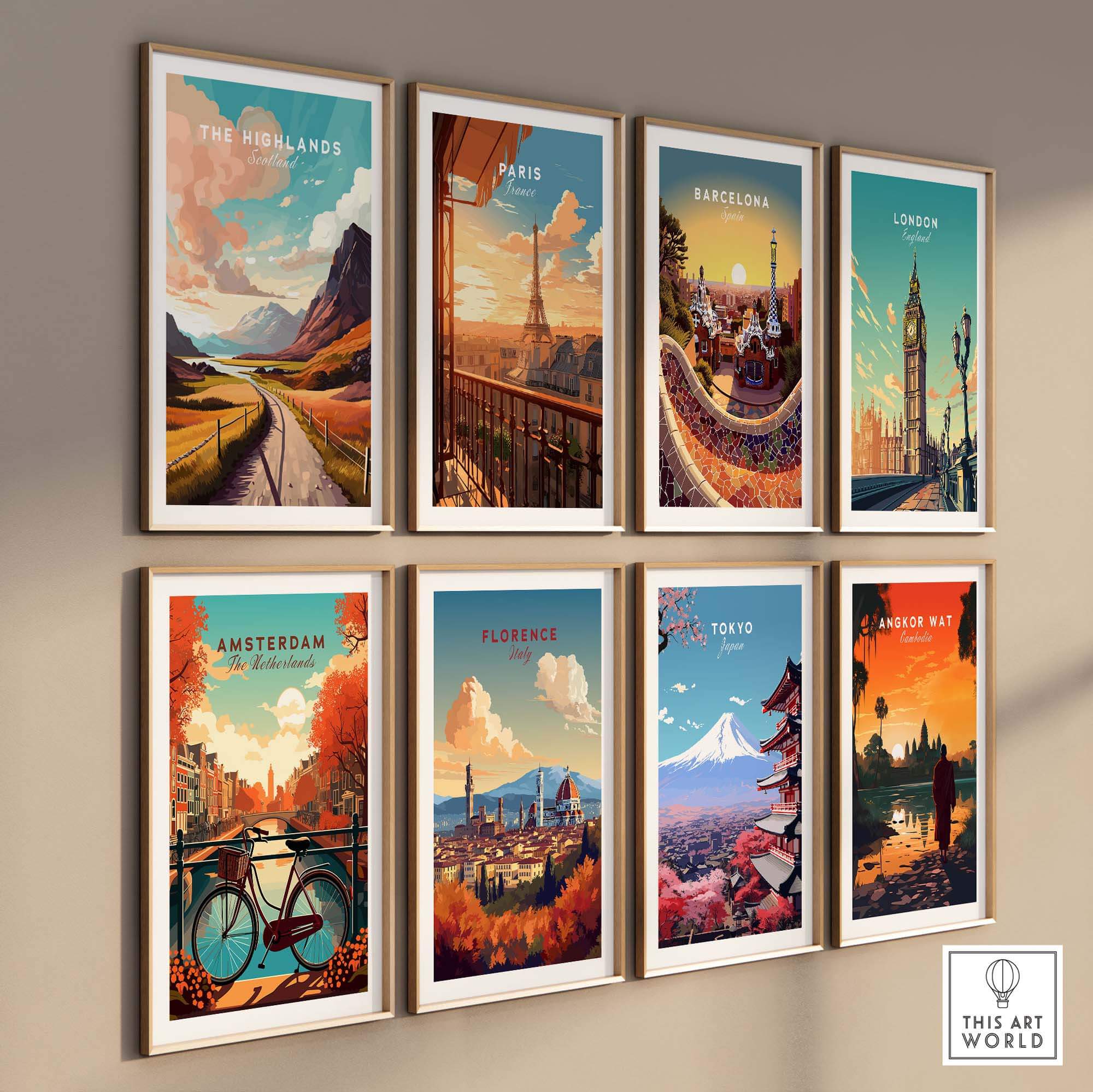 Gallery wall featuring art prints of iconic cities like The Highlands, Paris, Barcelona, and Tokyo in vibrant colors.