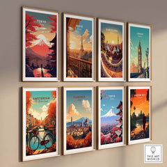 Collection of vibrant city wall art prints featuring Tokyo, Paris, Barcelona, London, Amsterdam, Florence, and Angkor Wat.