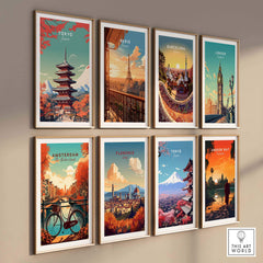 Wall display of colorful city posters featuring Tokyo, Paris, Barcelona, London, Amsterdam, Florence, and Angkor Wat.