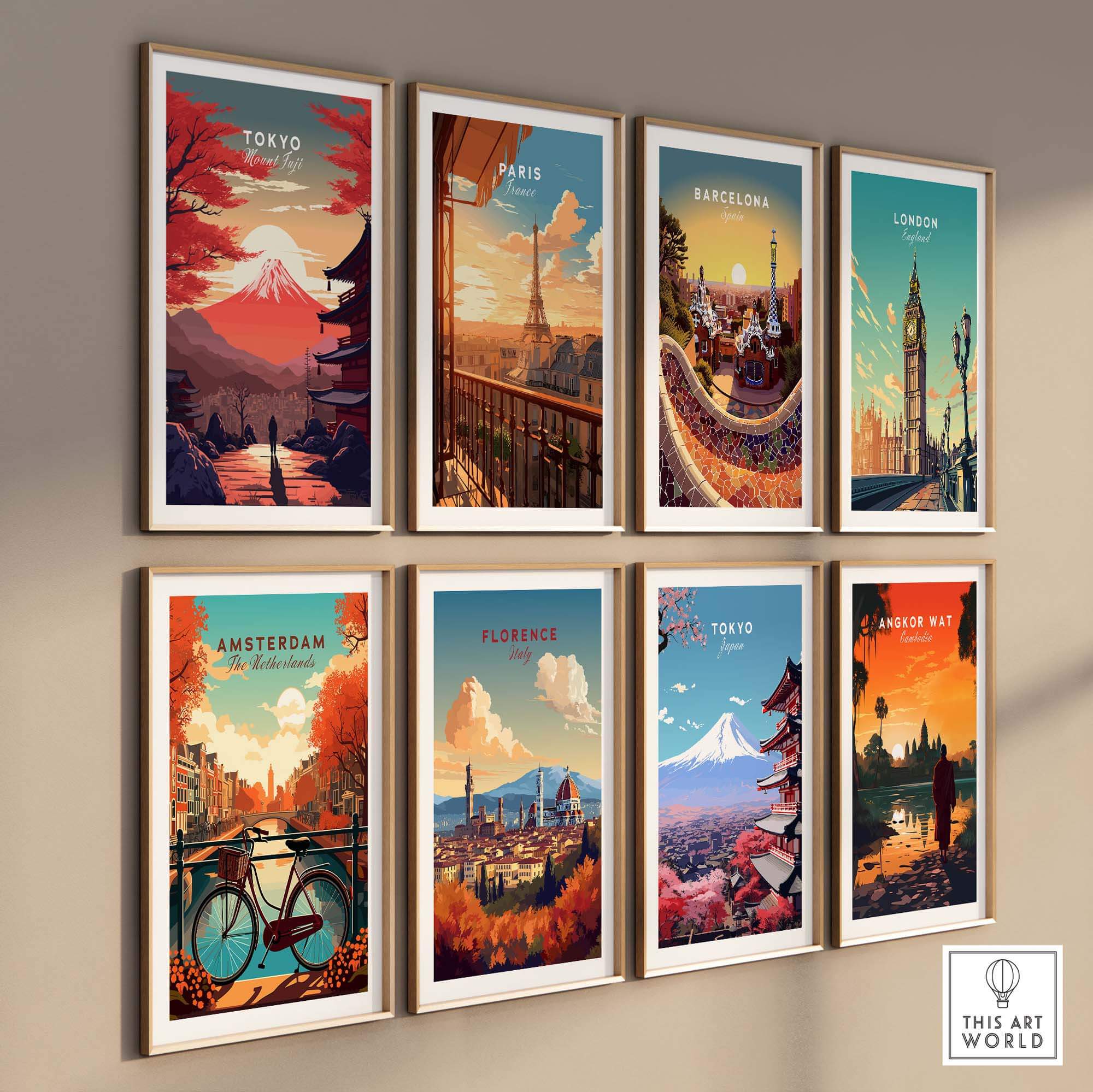 Collection of travel posters featuring Tokyo, Paris, Barcelona, London, Amsterdam, and more artwork.