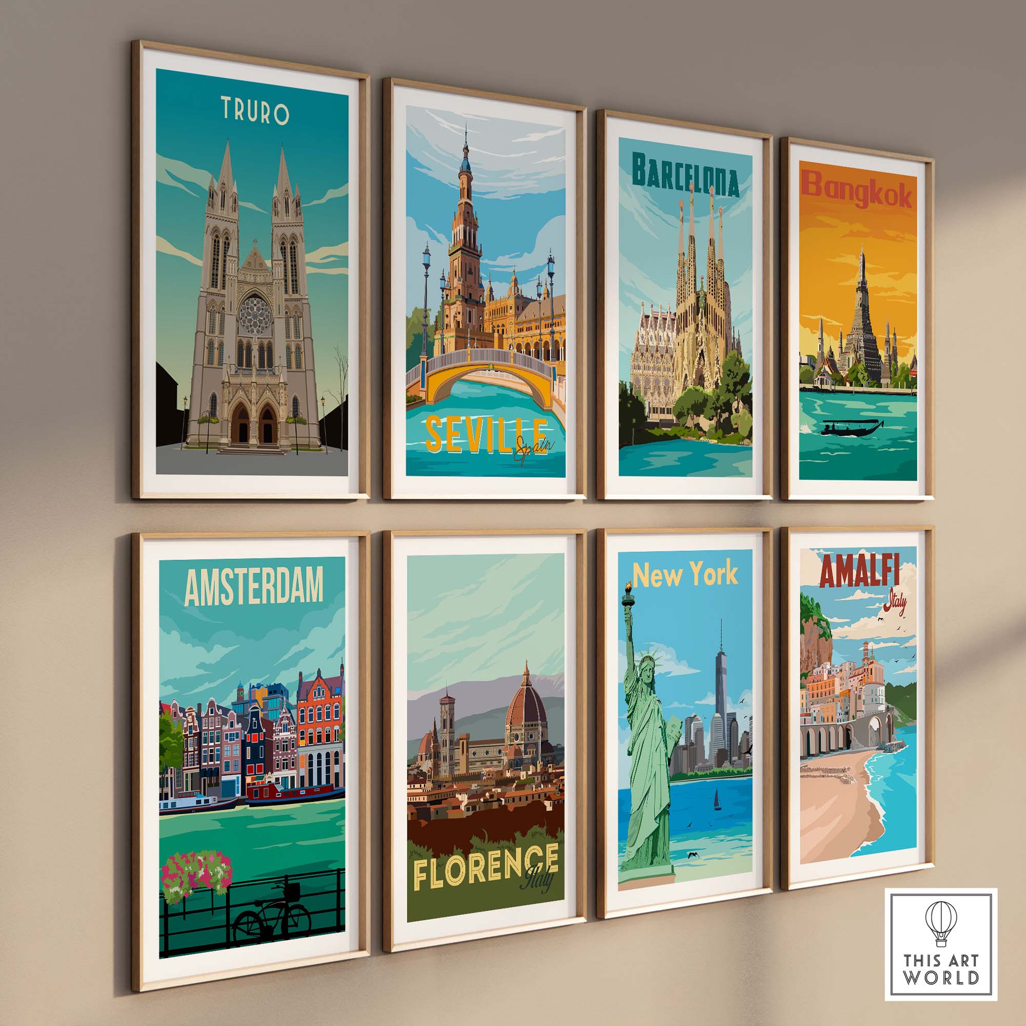 Gallery of vibrant travel poster prints featuring Truro, Barcelona, Bangkok, Seville, Amsterdam, New York, Florence, and Amalfi.