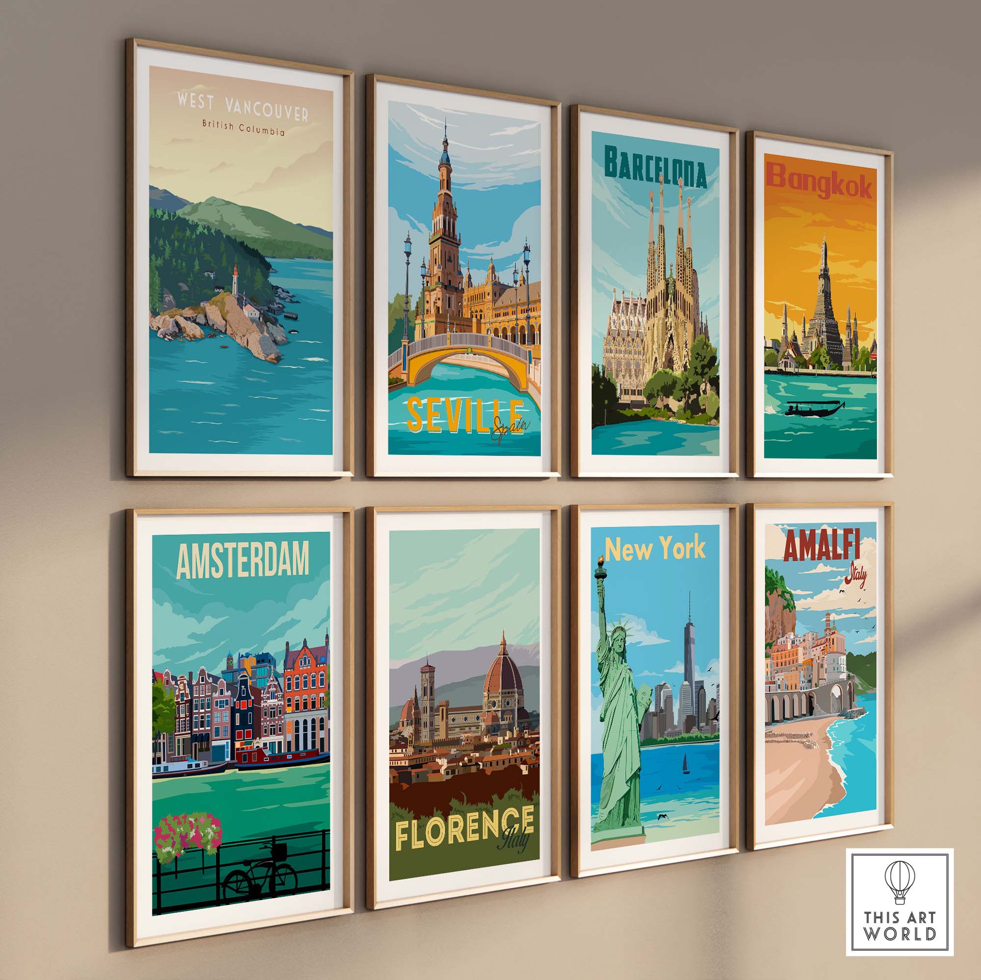 Gallery of travel poster prints, featuring West Vancouver and various international cities.