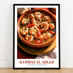 Gambas al Ajillo Spanish Kitchen Poster - art print in black frame on wooden floor