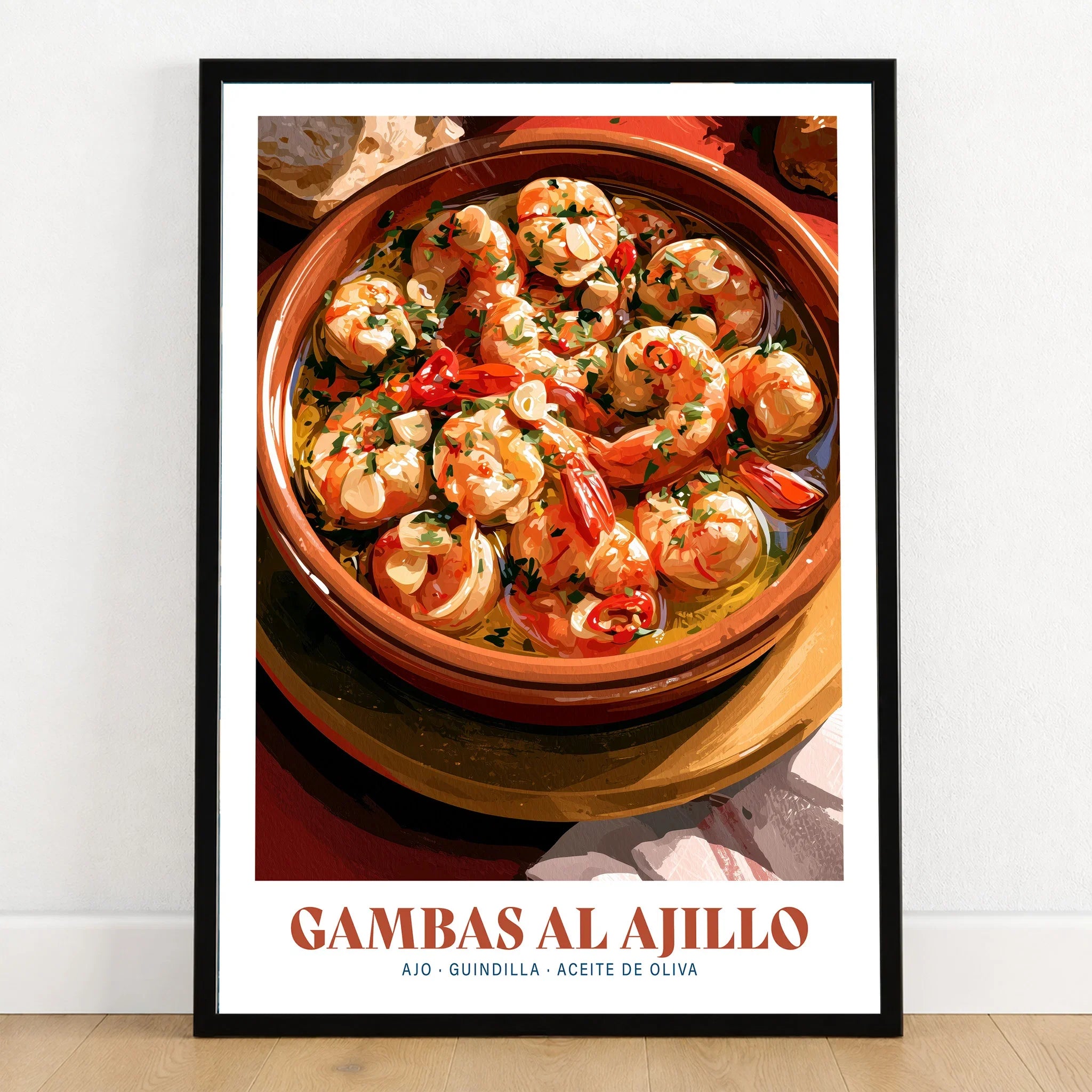 Gambas al Ajillo Spanish Kitchen Poster - art print in black frame on wooden floor