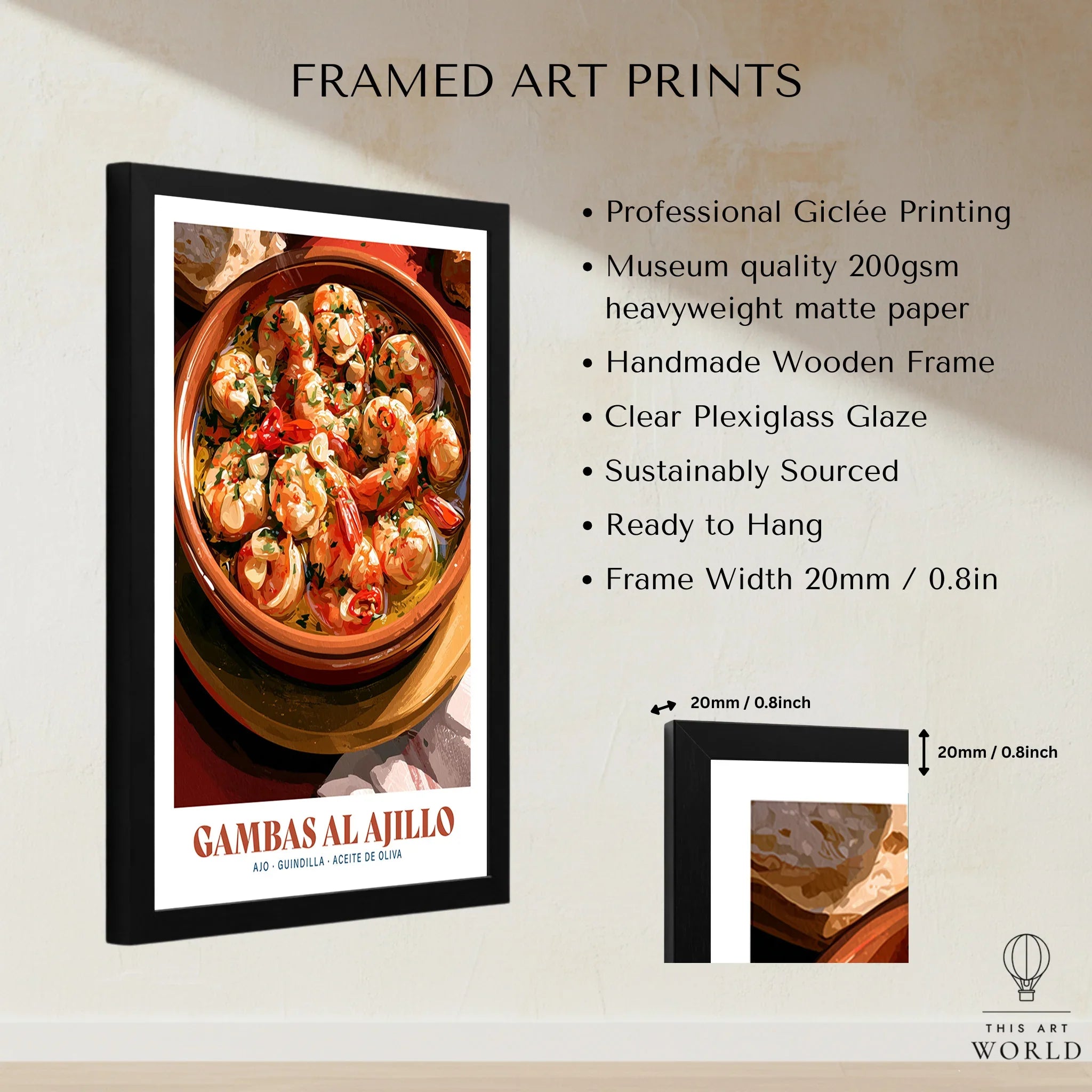 Gambas al Ajillo Spanish Kitchen Poster - framed print details measurements quality details