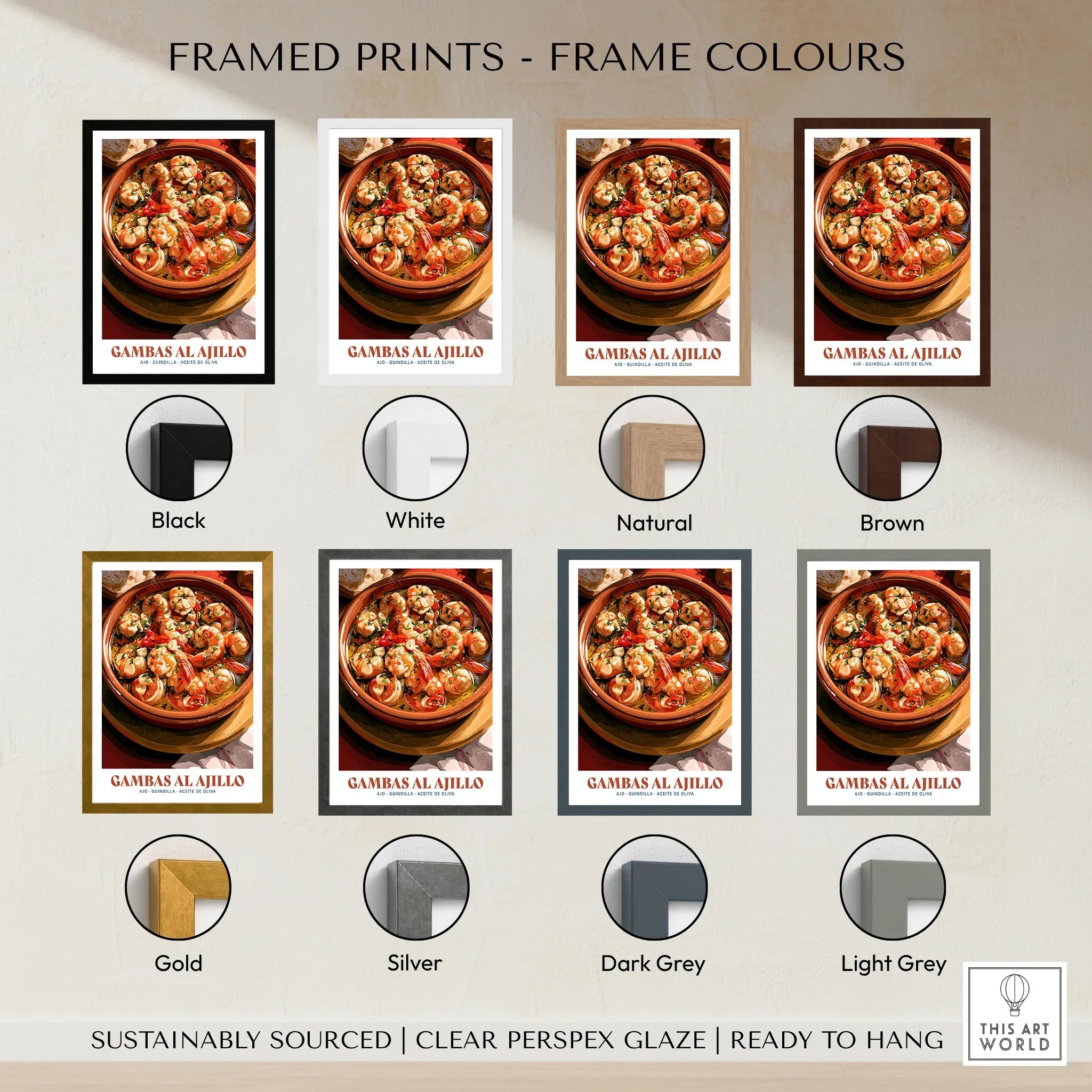 Gambas al Ajillo Spanish Kitchen Poster - framed print colour options