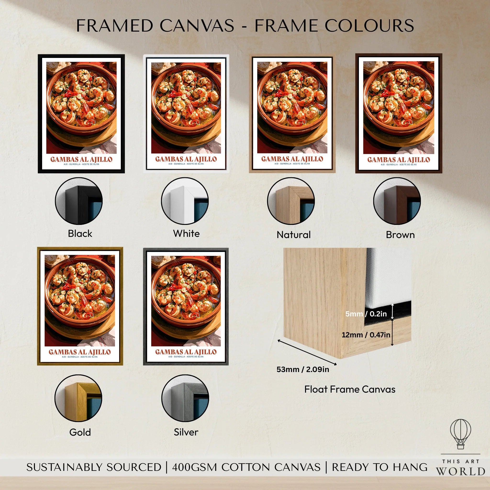 Gambas al Ajillo Spanish Kitchen Poster - framed canvas float frame colour options
