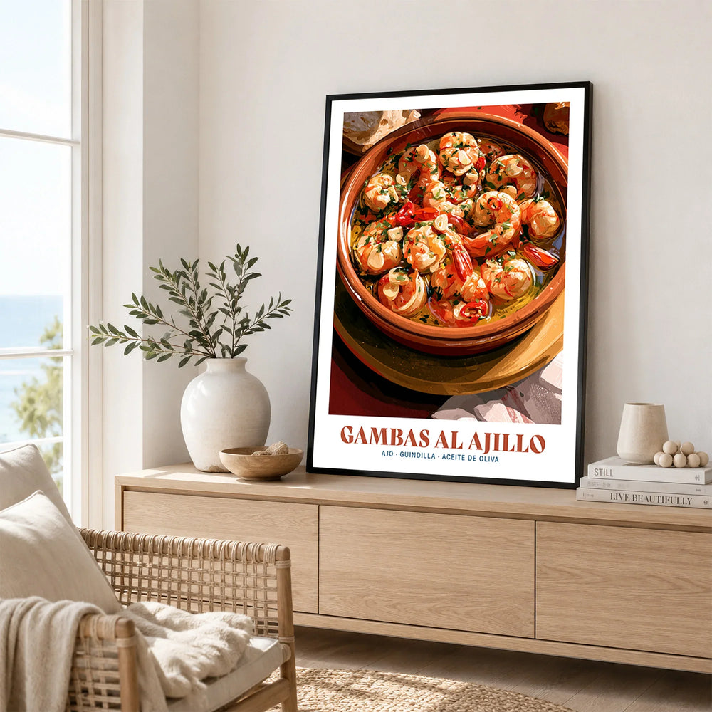 Gambas al Ajillo Spanish Kitchen Poster - framed artwork living room lifestyle setting
