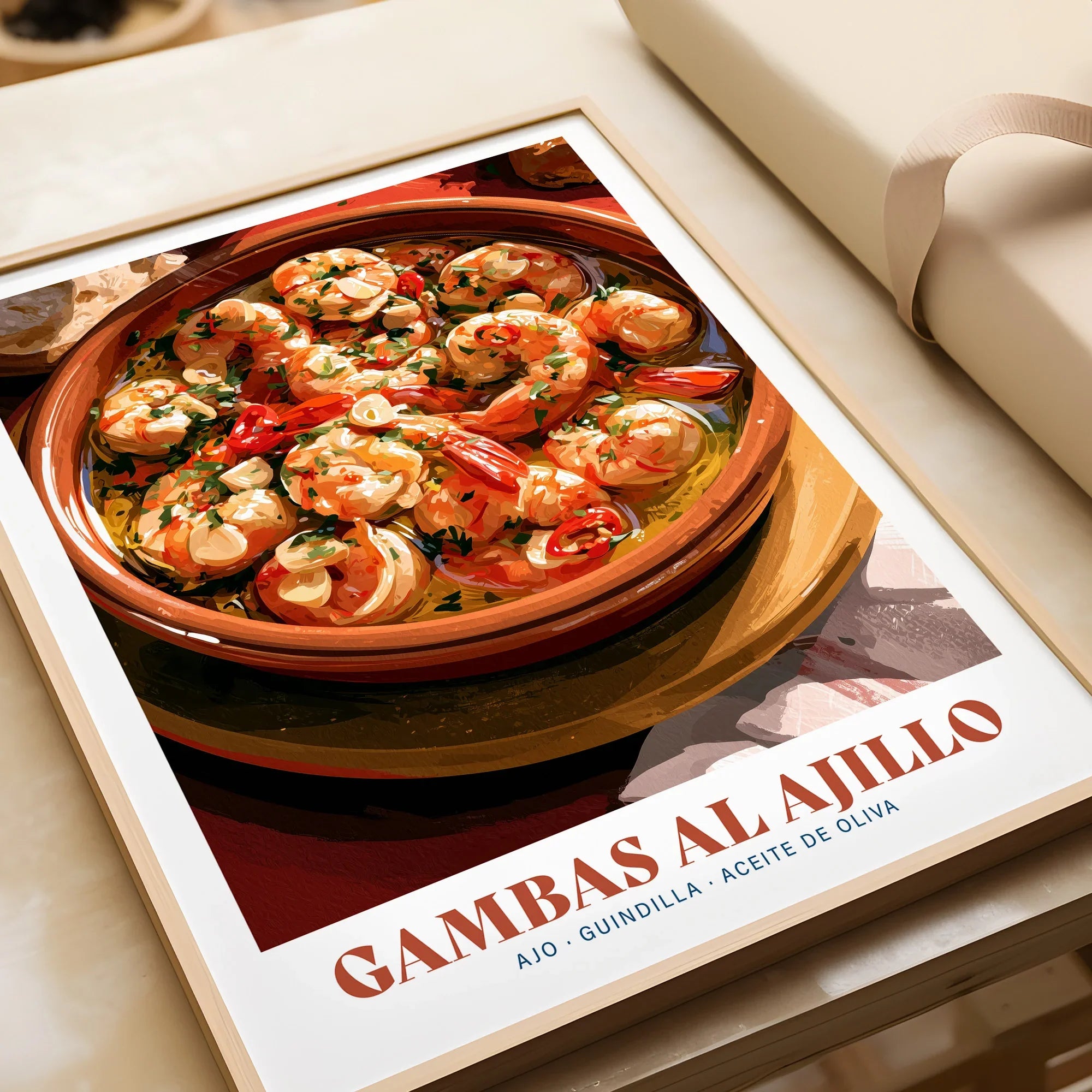 Gambas al Ajillo Spanish Kitchen Poster - framed art print closeup gift unwrapped natural frame