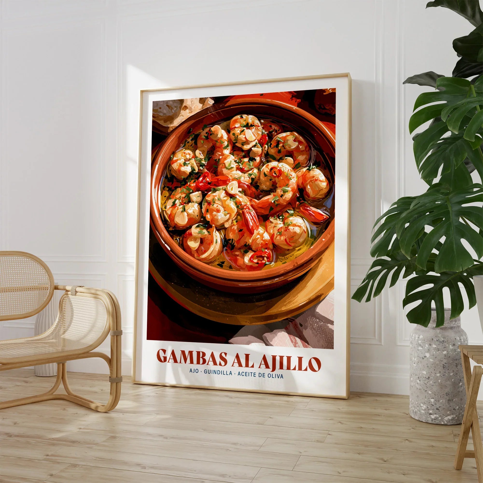 Gambas al Ajillo Spanish Kitchen Poster - large framed print room setting chair plant