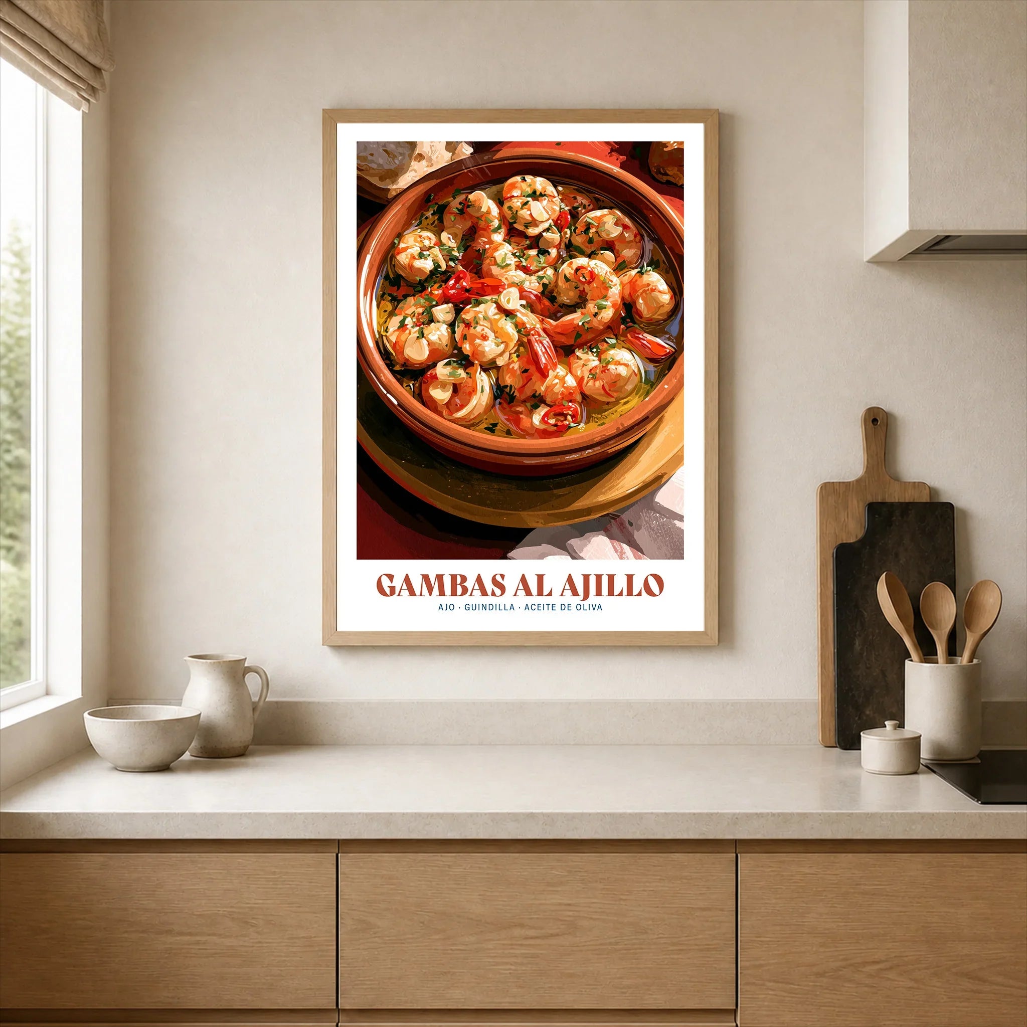 Gambas al Ajillo Spanish Kitchen Poster - neutral kitchen single frame mockup This Art World