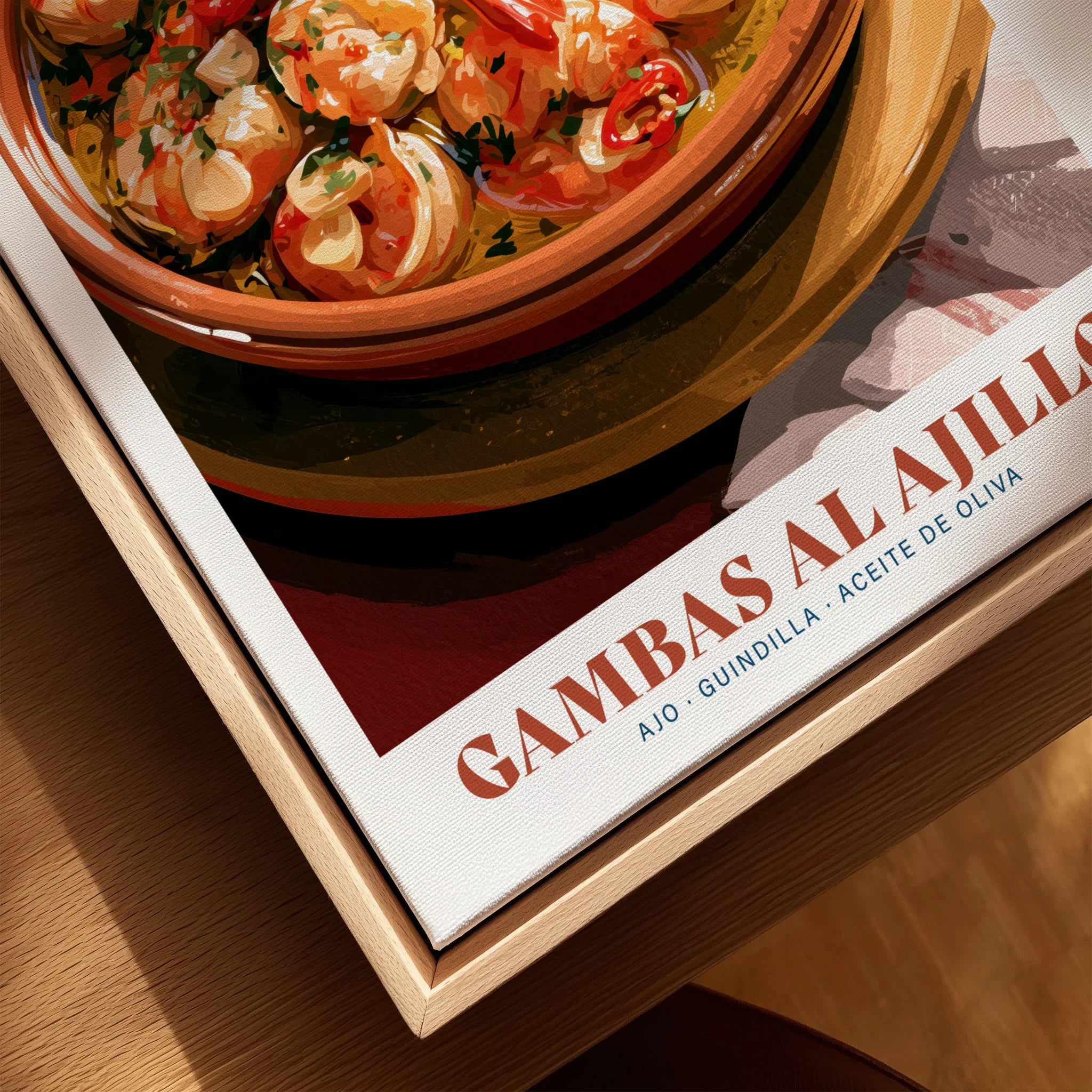 Gambas al Ajillo Spanish Kitchen Poster - closeup framed canvas natural wood floating frame