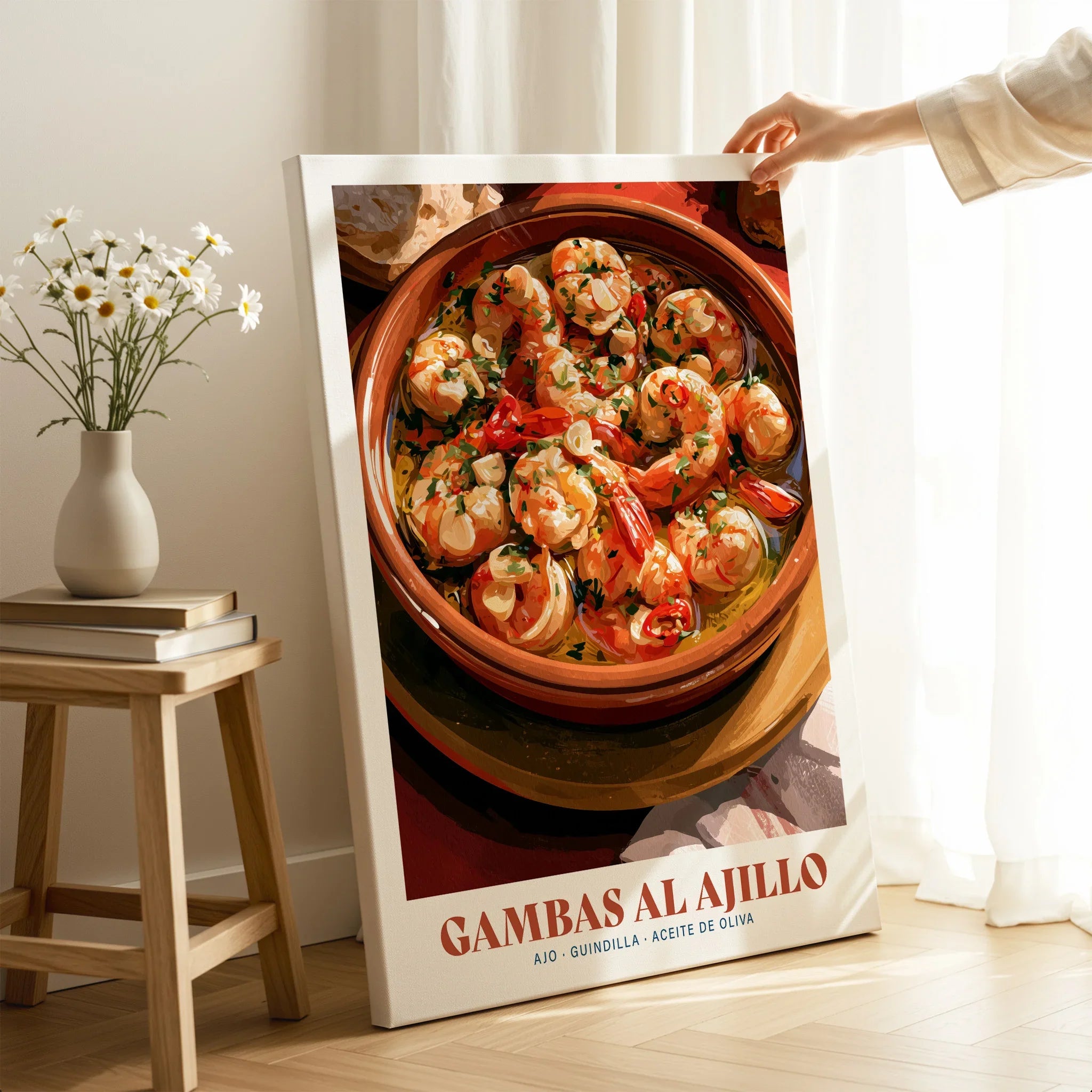 Gambas al Ajillo Spanish Kitchen Poster - canvas print mirror edge hand holding room setting