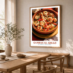 Gambas al Ajillo Spanish Kitchen Poster - dining room framed print natural wood frame mockup ThisArtWorld