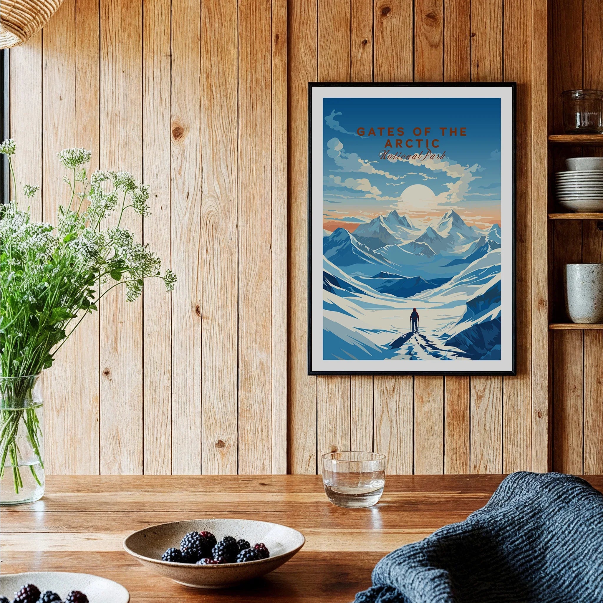 Framed Gates of the Arctic National Park print in cozy wood kitchen decor setting