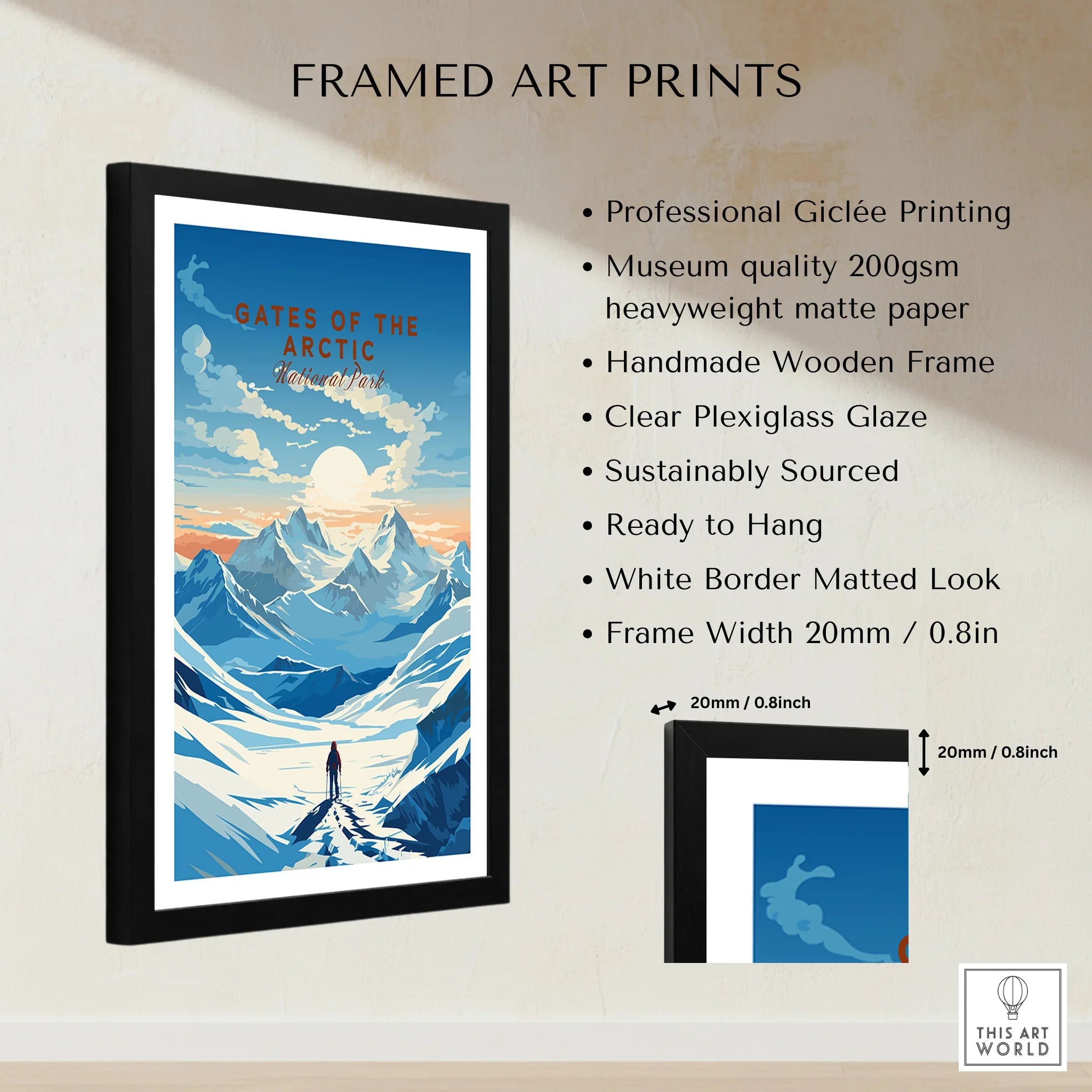 Framed Gates of the Arctic National Park print with mountain landscape, giclée quality, and measurements