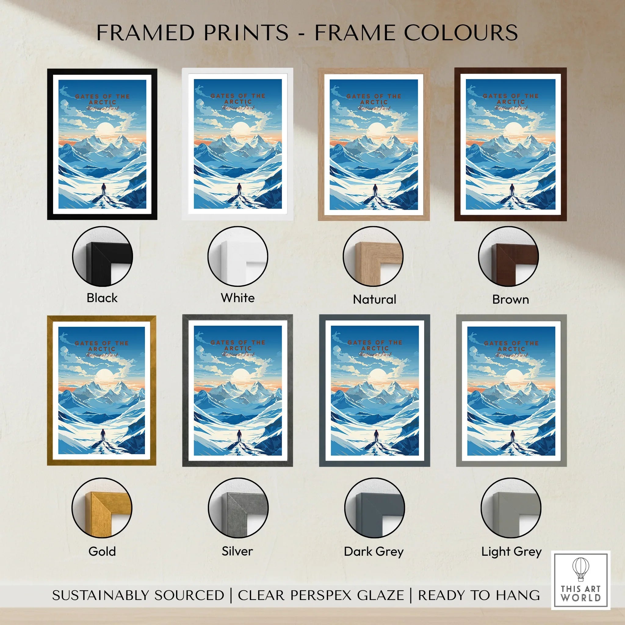 Gates of the Arctic framed print in 8 frame color options, featuring snowy mountains and a hiker.