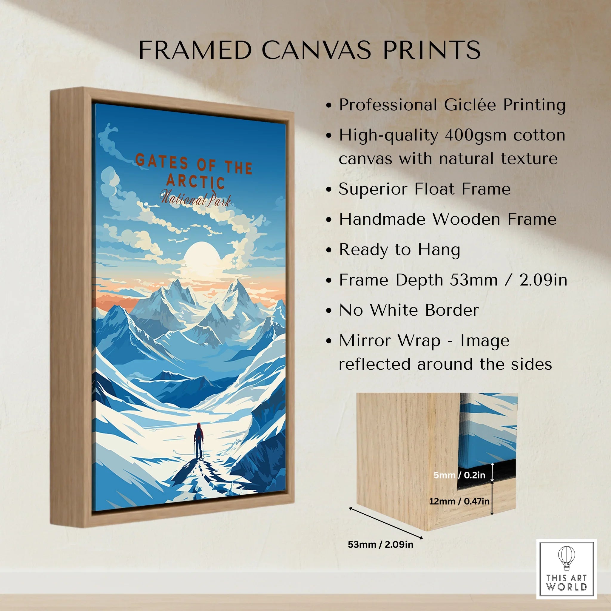 Gates of the Arctic National Park travel poster in a float framed canvas with mountain artwork.
