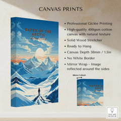 Gates of the Arctic National Park canvas print with snowy mountains, sunrise, and person hiking.