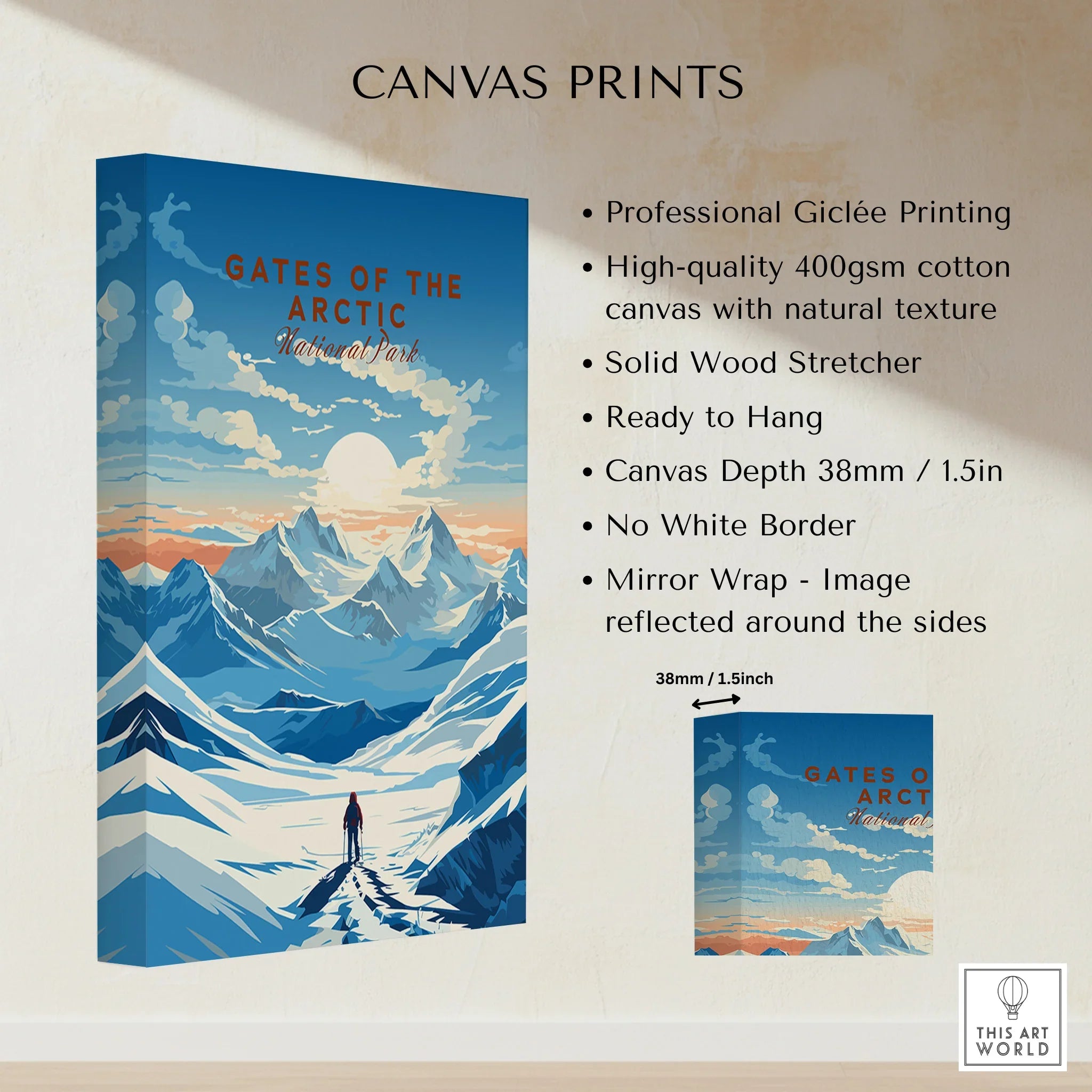 Gates of the Arctic National Park canvas print with snowy mountains, sunrise, and person hiking.