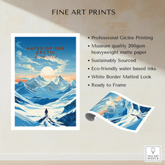 Gates of the Arctic National Park art print with snowy mountains, sunrise, and hiker, unframed.