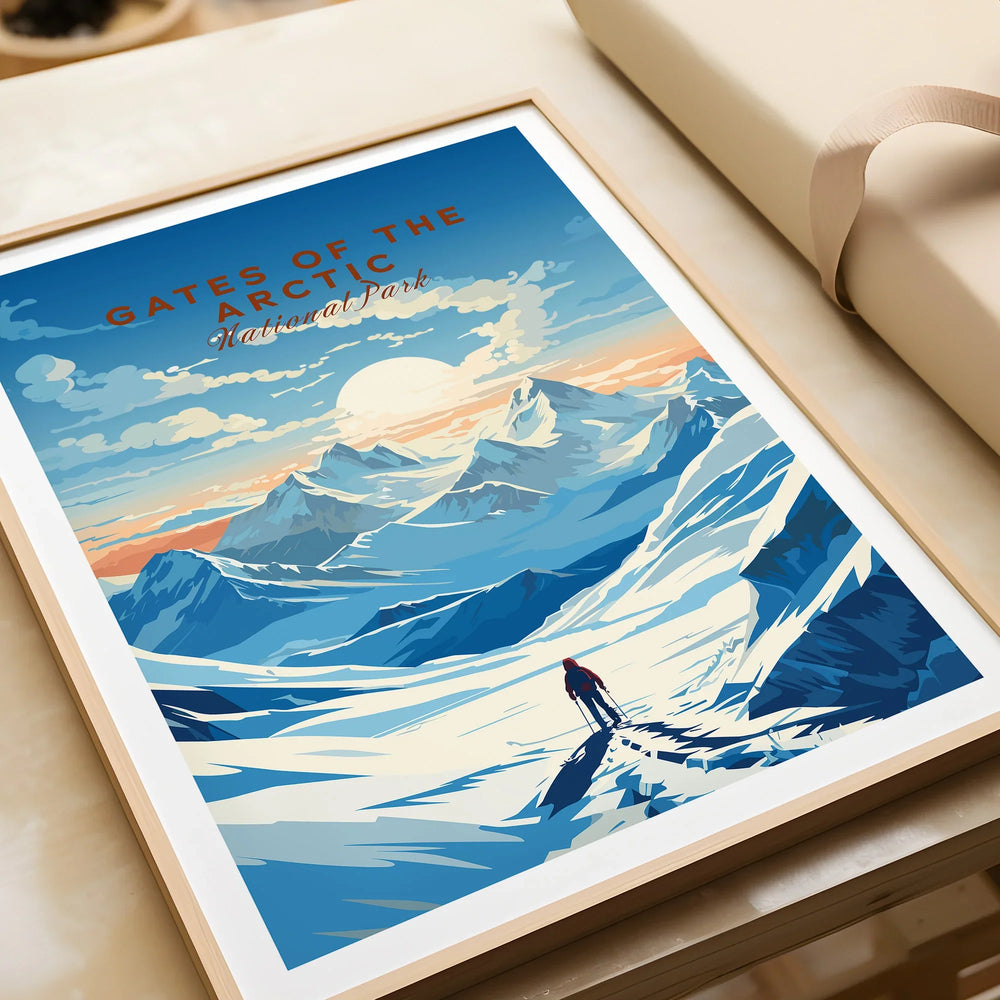 Framed Gates of the Arctic National Park art print showing snowy mountains and hiker