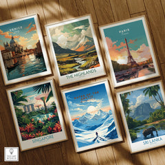 Set of six framed travel posters, featuring Venice, Paris, Singapore, Highlands, Arctic, and Sri Lanka on a wooden floor.
