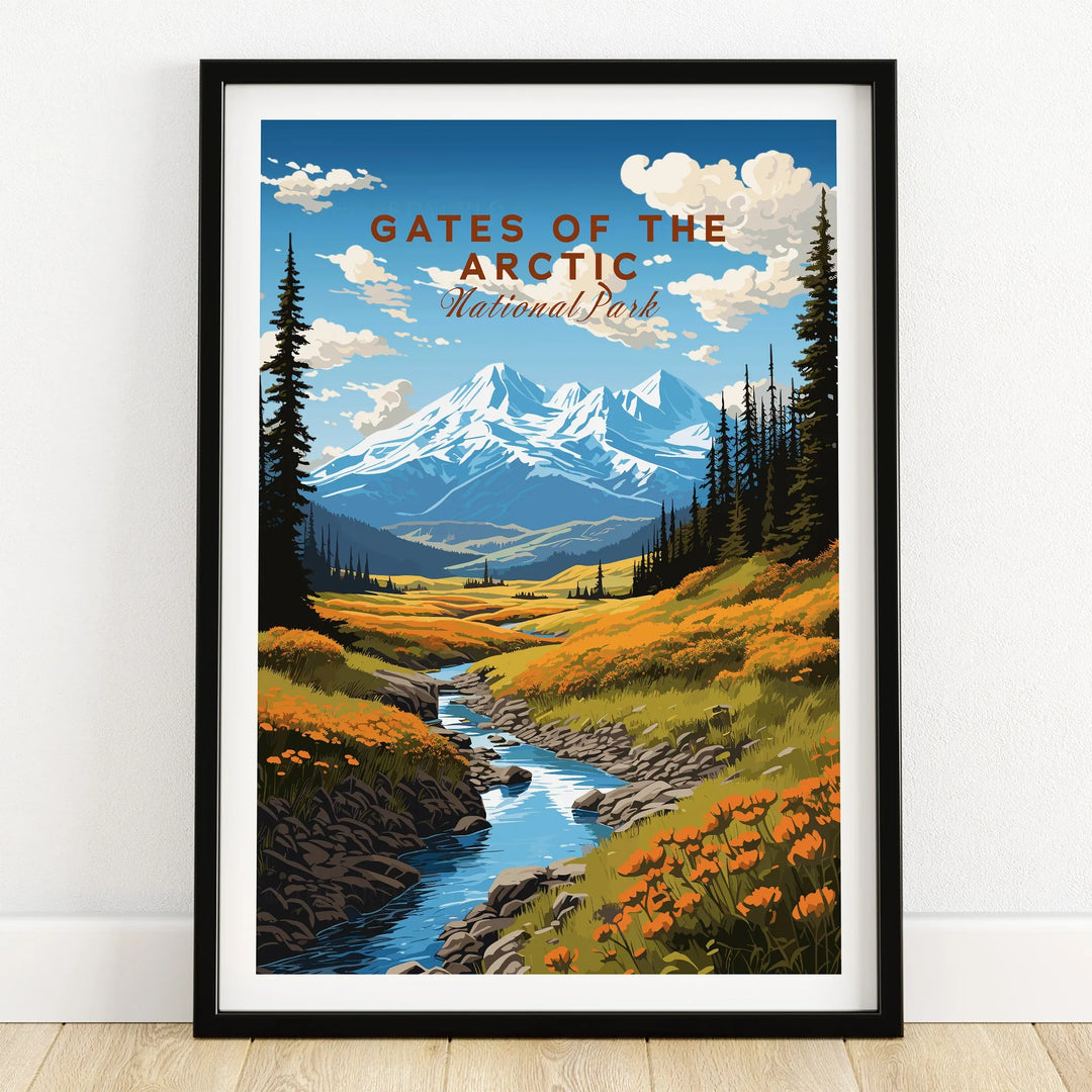 Framed Gates of the Arctic National Park art print, mountain landscape wall decor, wooden floor