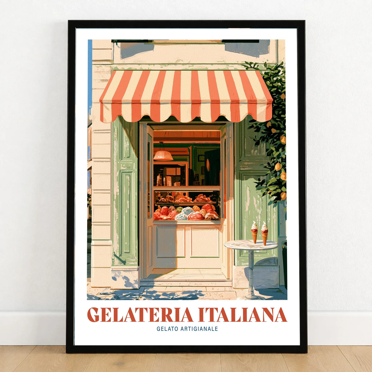 Italian Gelateria Kitchen Wall Art - art print in black frame on wooden floor