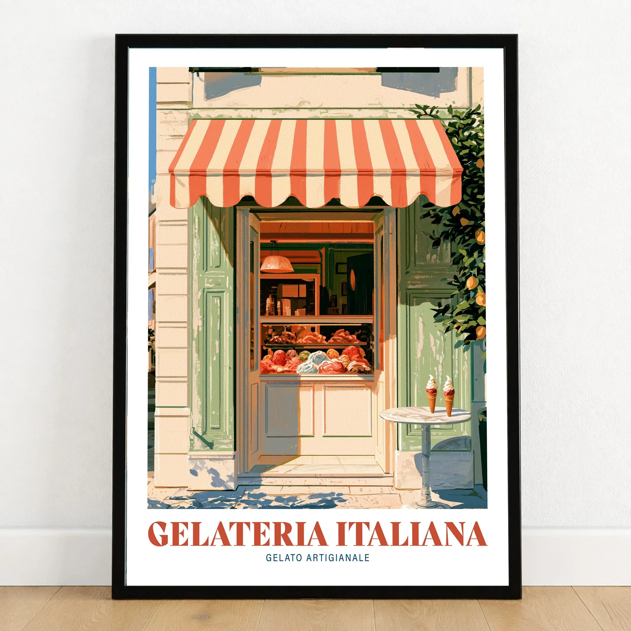 Italian Gelateria Kitchen Wall Art - art print in black frame on wooden floor