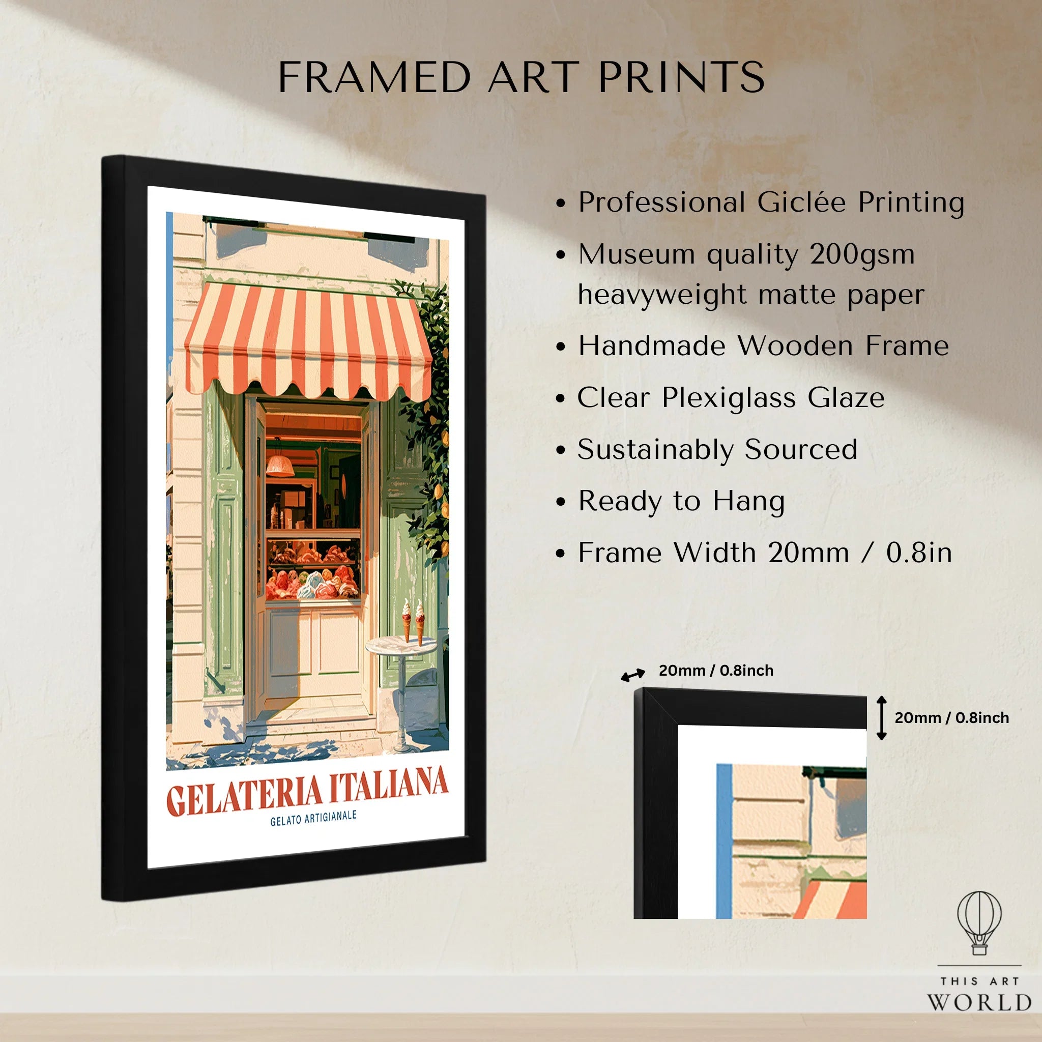 Italian Gelateria Kitchen Wall Art - framed print details measurements quality details