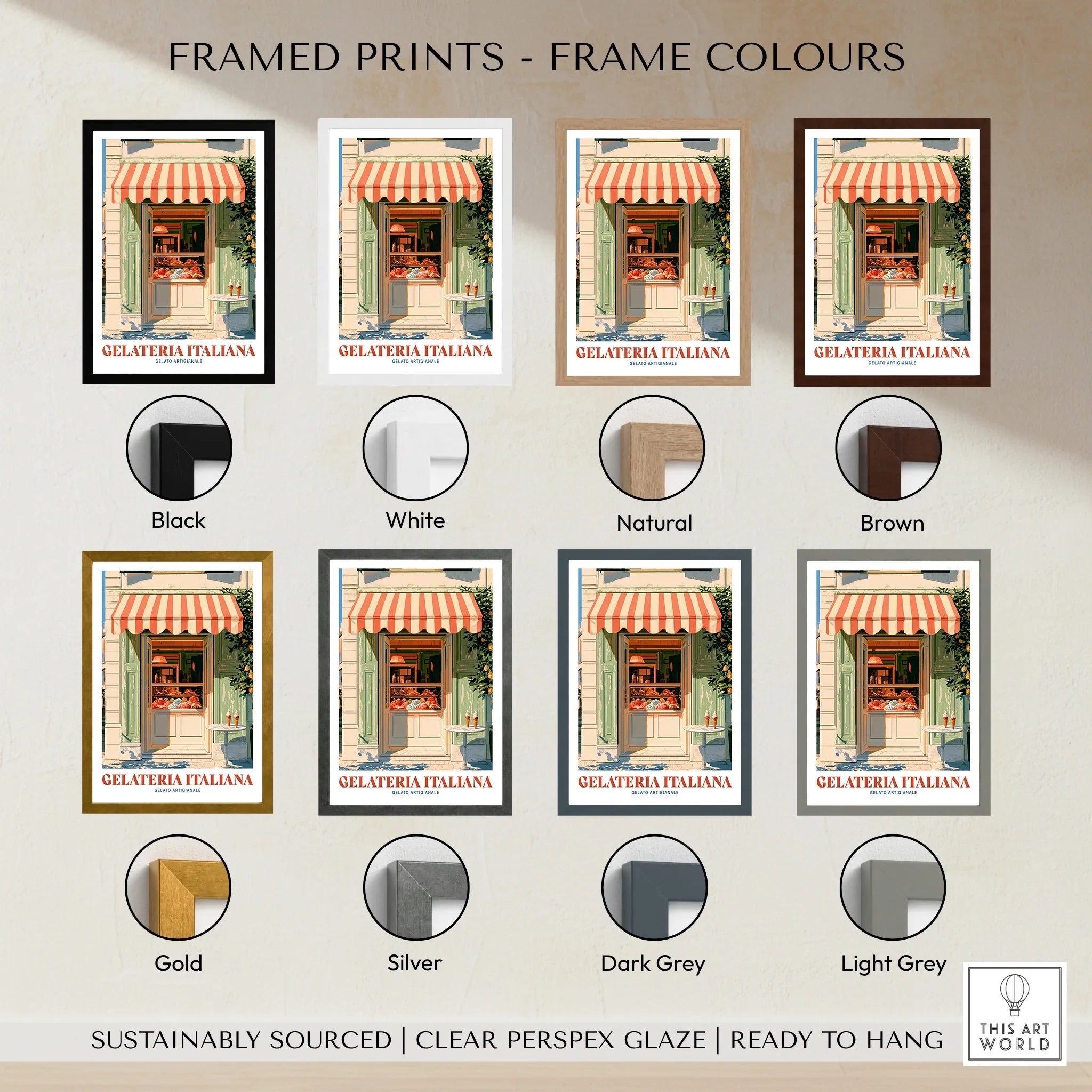 Italian Gelateria Kitchen Wall Art - framed print colour options