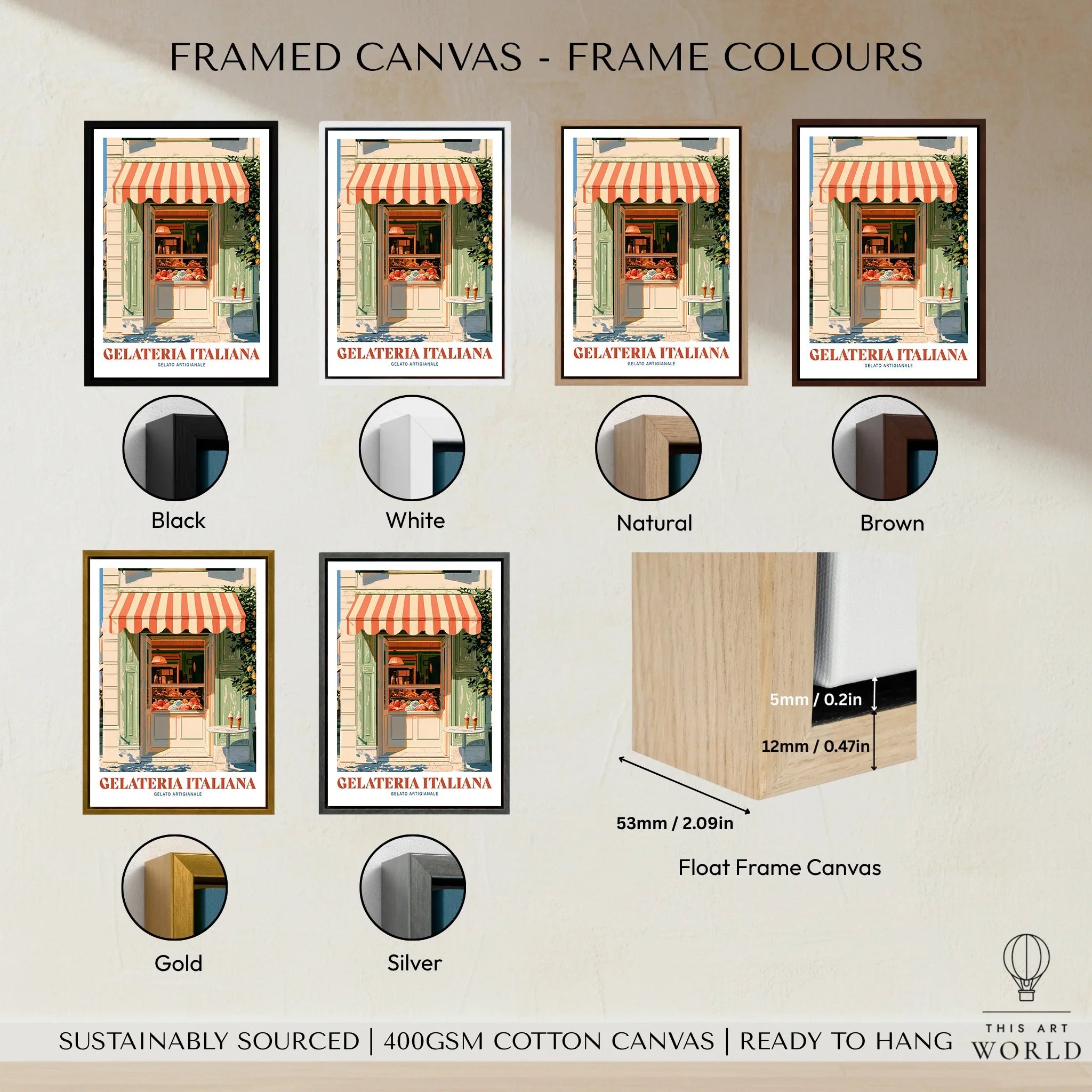 Italian Gelateria Kitchen Wall Art - framed canvas float frame colour options