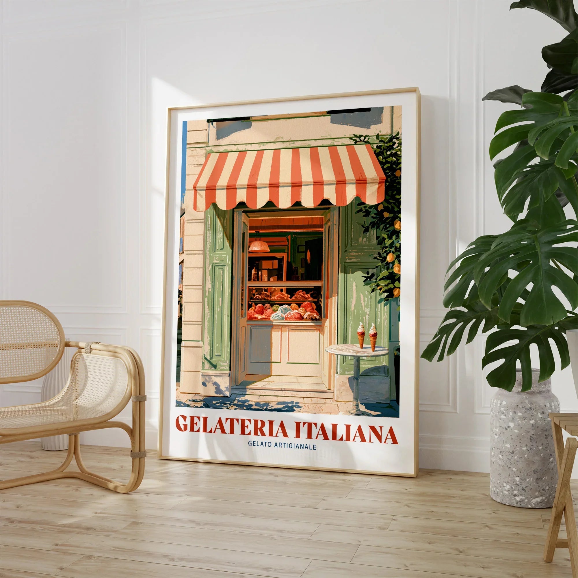 Italian Gelateria Kitchen Wall Art - large framed print room setting chair plant