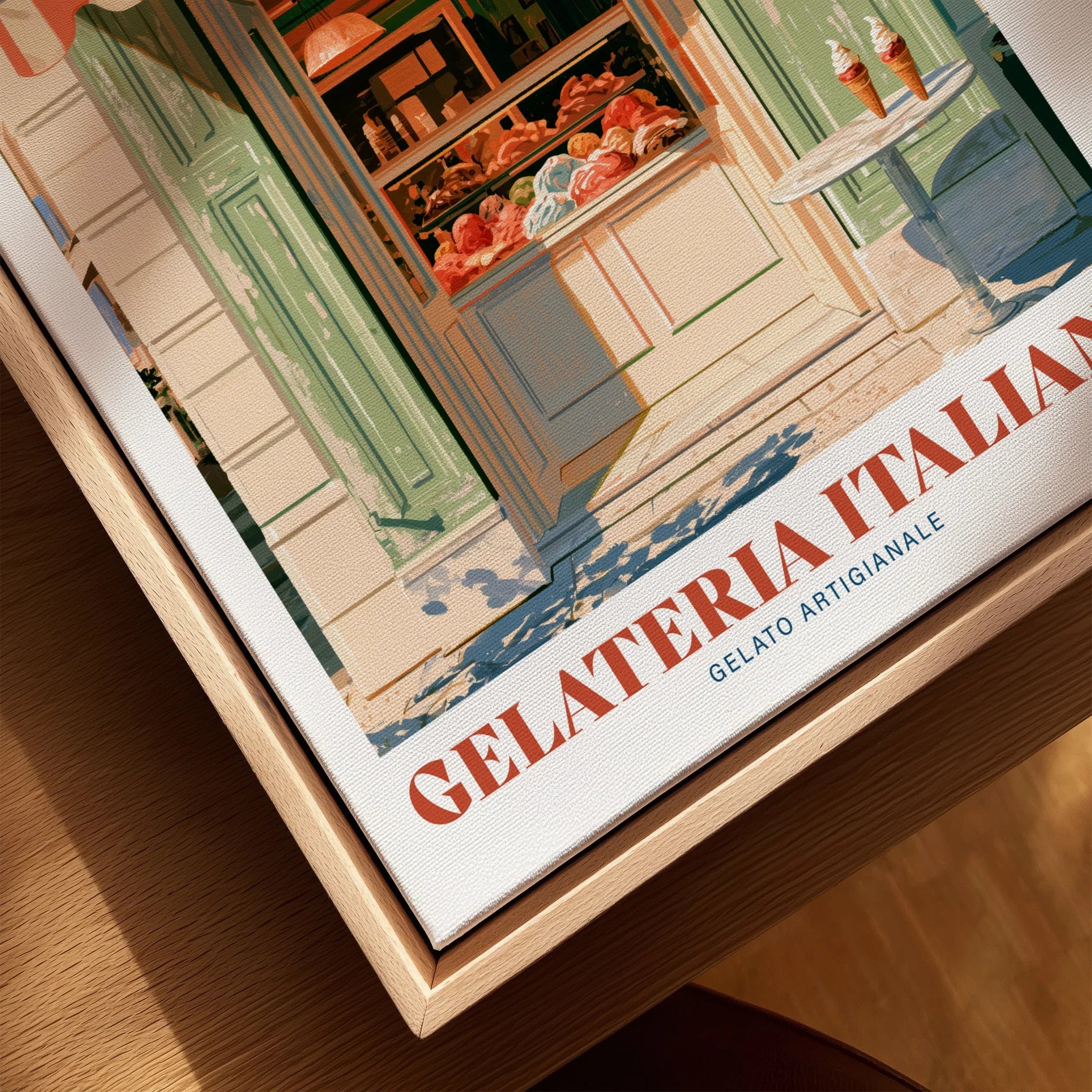 Italian Gelateria Kitchen Wall Art - closeup framed canvas natural wood floating frame