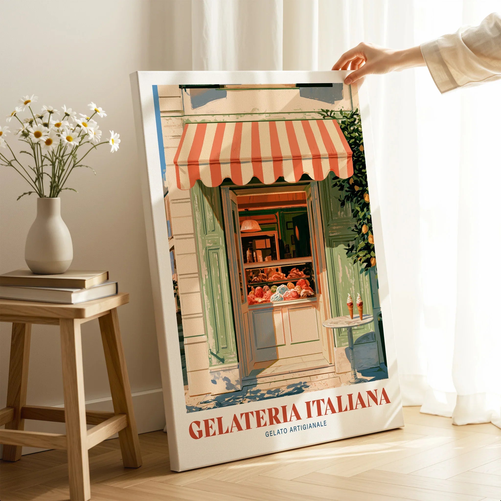 Italian Gelateria Kitchen Wall Art - canvas print mirror edge hand holding room setting