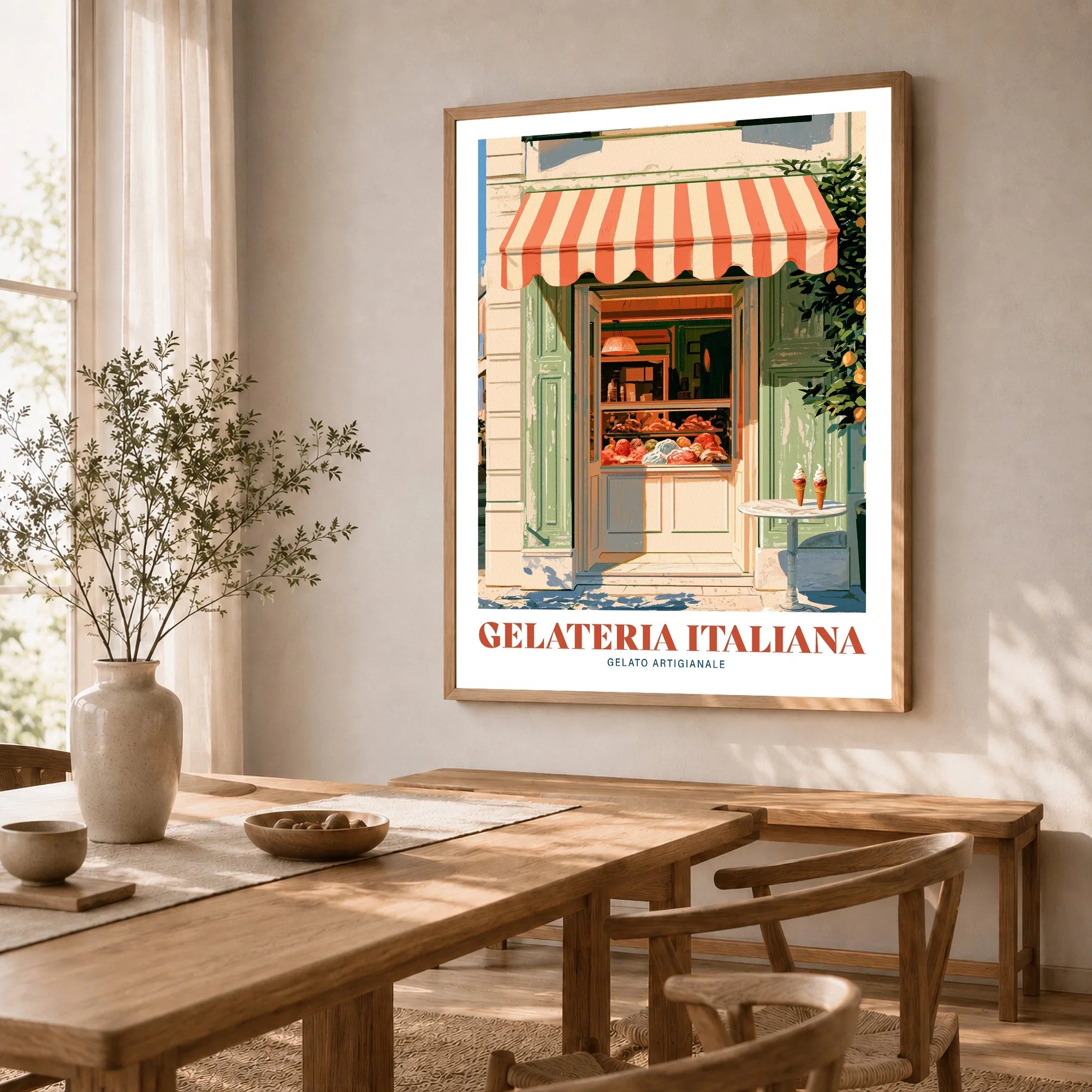 Italian Gelateria Kitchen Wall Art - dining room framed print natural wood frame mockup ThisArtWorld
