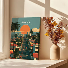 Ghana Coastal Sunset Travel Poster — canvas print window setting with shadows flowers